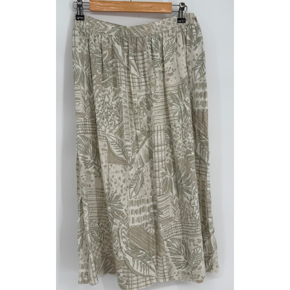 Alfred Dunner Vintage Tropical Leaf Patchwork Midi Skirt Sage Green Tan Sz 12